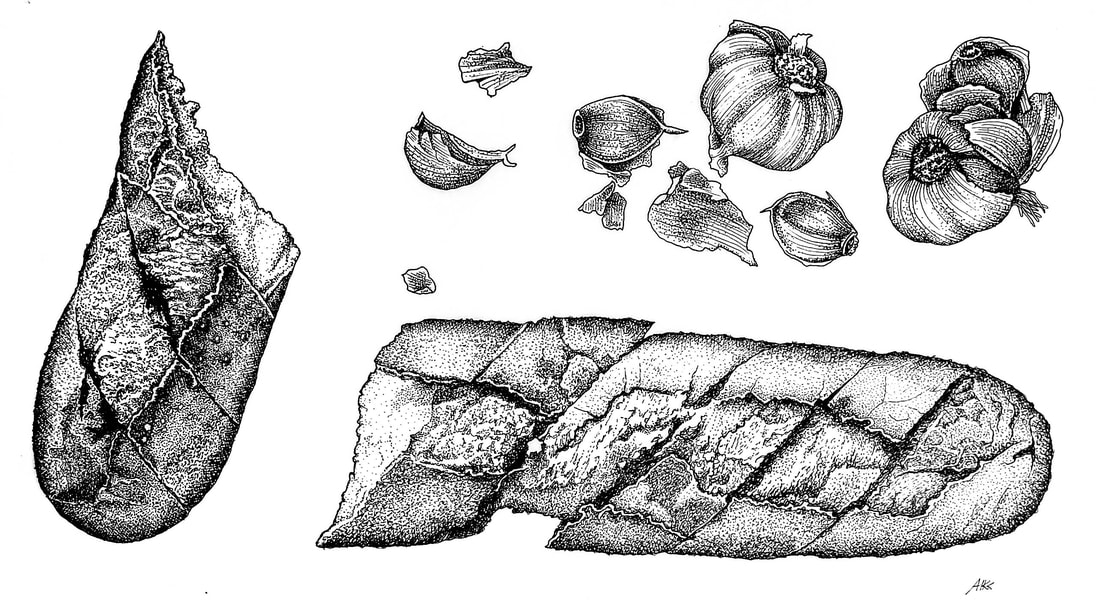 Pieczywo czosnkowe, ilustracja kulinarna, rycina