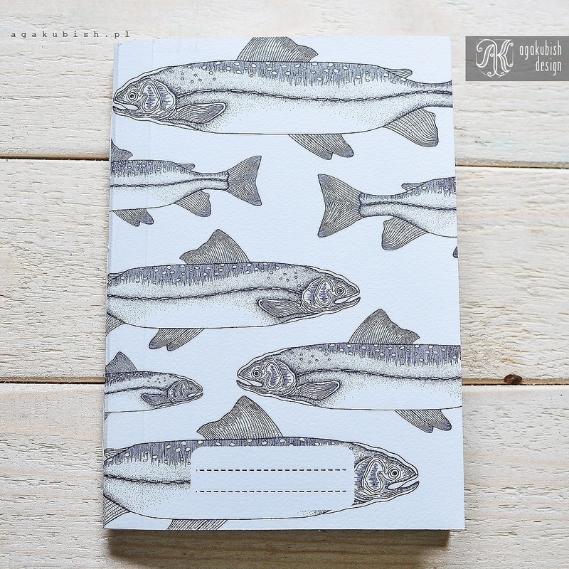 Designerski zeszyt ręcznie robiony w ryby pstrągi łososie scandi style