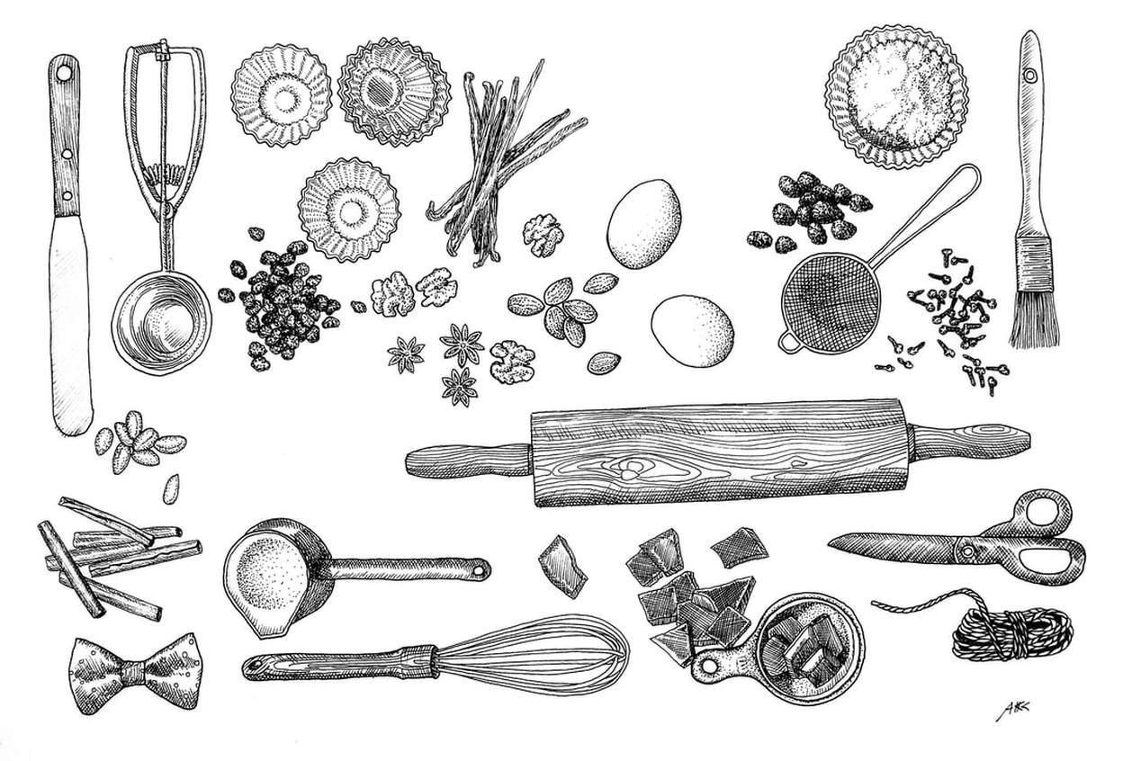 Rycina, grafika, ilustracja z przyborami kuchennymi do wyrobu ciast