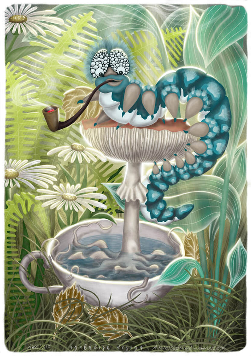 Gotowa ilustracja, scena ze światłem Niebieskiej gąsienicy z Alicji w krainie czarów, ilustracja dziecięca