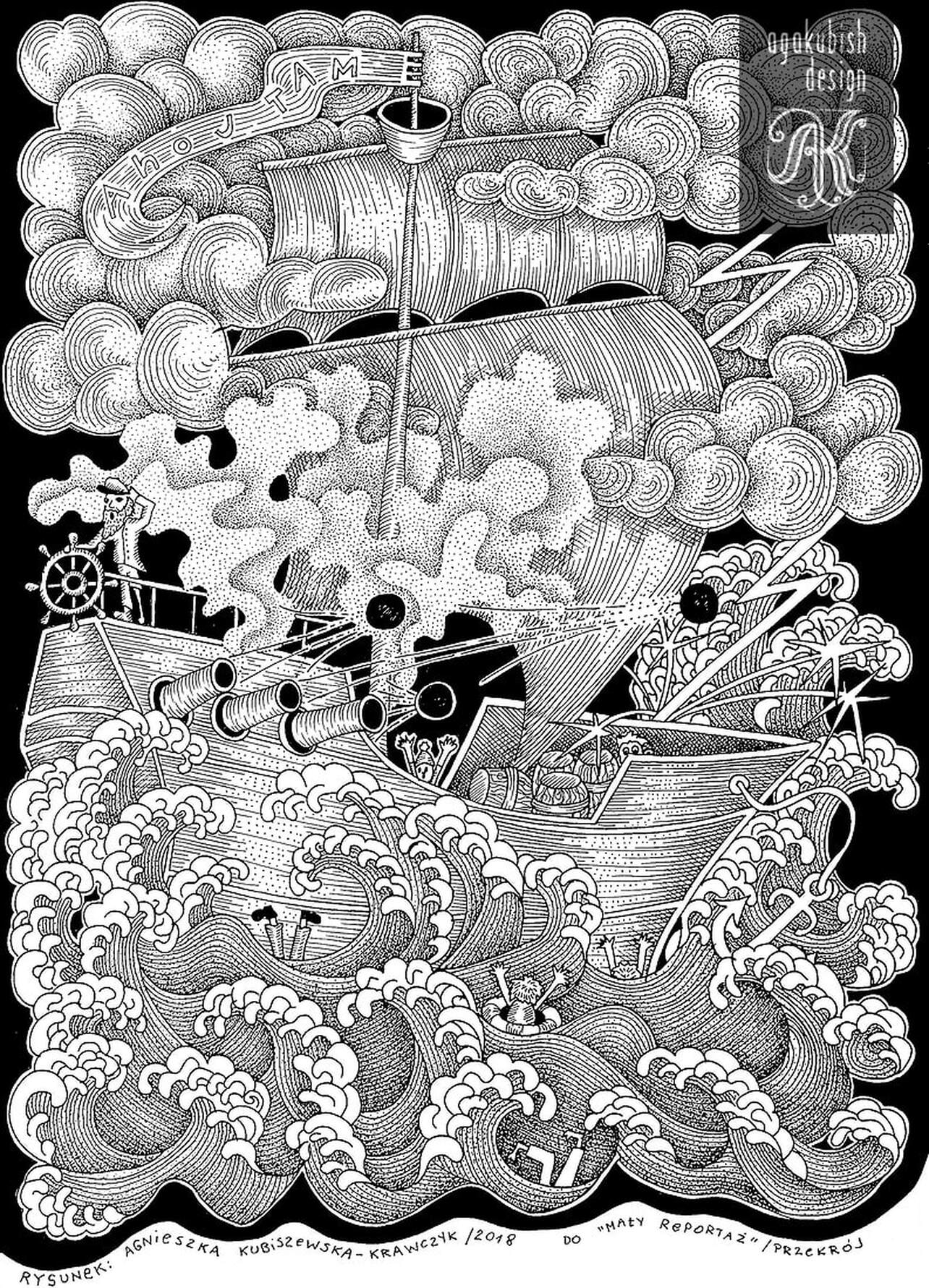 Ilustracja marynistyczna w stylu rycin z kropkowaniem, kuter na morzu podczas burzy
