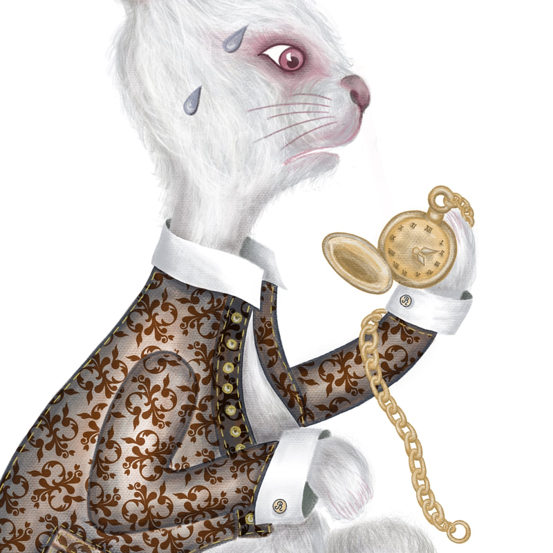 Biały królik z zegarkiem z Alicji w krainie czarów, ilustracja dziecięca - detal
